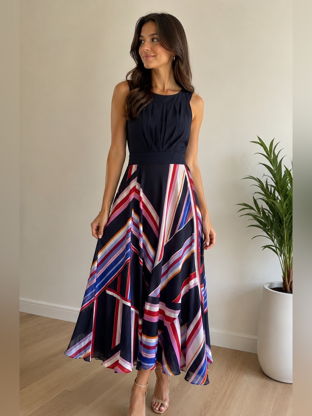 Sandra Darren Navy Maxi Dress with Multicolor Geometric Skirt